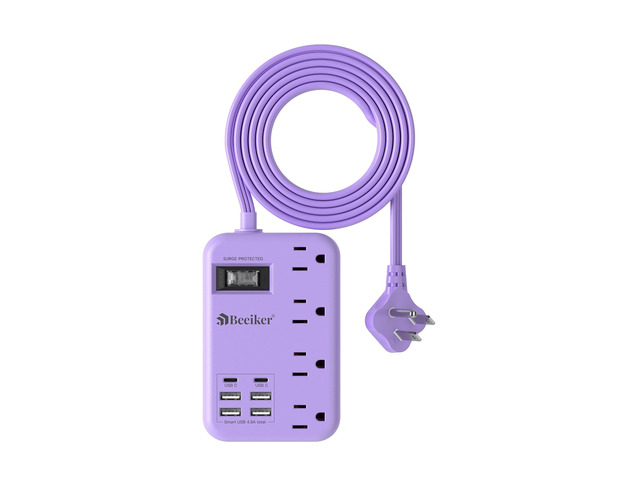 6 USB (2 USB C) Purple Travel Power Strip,5 Feet Lavender Extension Cord 6 USB,2 USB C,24W USB Charging Station,4 Outlets,Surge Protector,Purple...