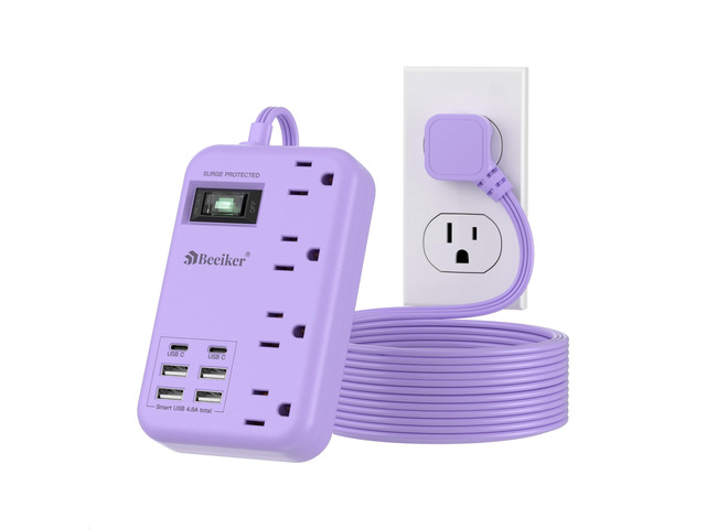 6 USB Purple Surge Protector Power Strip,10 Ft Cute Extension Cord 6 USB(2 USB C),24W USB Charging Station,4 Outlets,10 Ft Purple Extension...