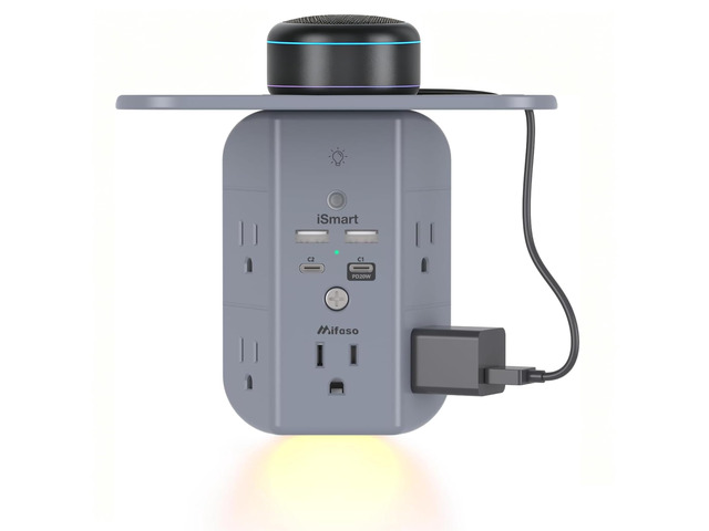 PD20W Wall Outlet Extender with Shelf & Night Light 5 AC Outlets, 2 USB-A, 2 USB-C, 3-Sided Wide-Space Design, Surge Protector, Multi-Plug Outlet...