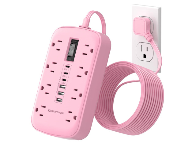 Pink Extension Cord with Surge Protector, 5 FT Flat Plug Power Strip 1625W, USB-C(15W), Surge Protector, Charging Station for Multiple Devices, For...