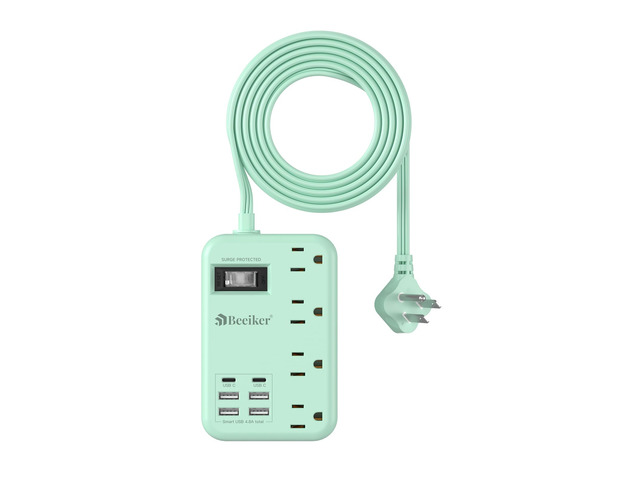 6 USB(2 USB C) Green Travel Power Strip 4 Outlets 5Ft Green Extension Cord 5FT Green Extension Cord,2 USB C Charging Station,4 Outlets,Cute Desk...