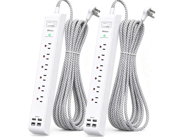 2 Pack 15Ft Extension Cord, Surge Protector Power Strip, Flat Plug 6 Outlets 4 USB Charging Ports, Overload Protection, Wall Mount for Home Office,...