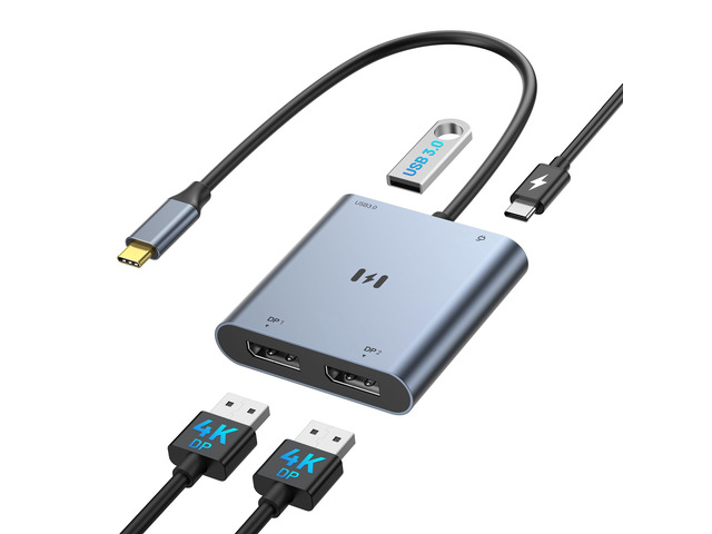 USB C to Dual DisplayPort Adapter, Dual Monitor Adapter for Lenovo Laptops Dual 4K@60Hz DisplayPort, 100W PD input, 5Gbps USB-A, USB-C Hub...