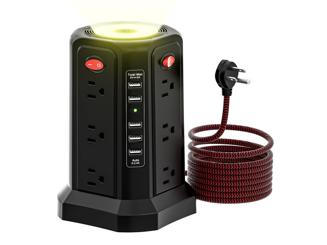 Surge Protector Power Strip with 5 USB Ports and Night Light 10FT Braided Extension Cord with 12 AC Multiple Outlets, Power Tower Overload...