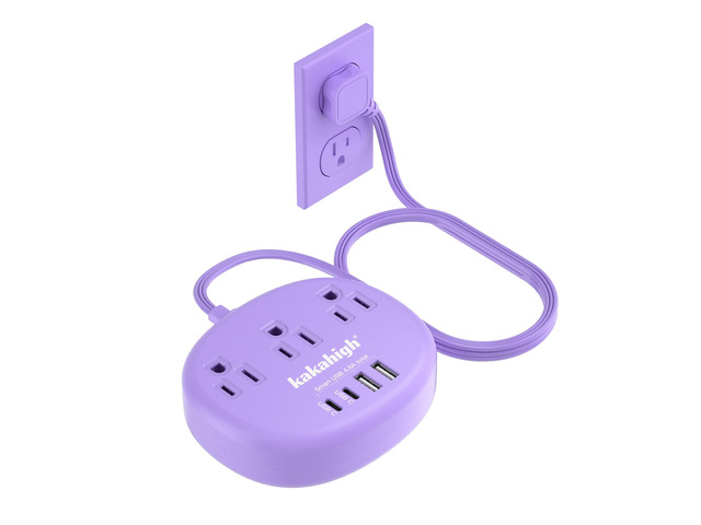 Purple Extension Cord with USB C - 5 FT Flat Power Strip 1625W Cute Extension Cord with 3 AC Outlet 4 USB (24W/4.8A), Compact for Cute Purple...