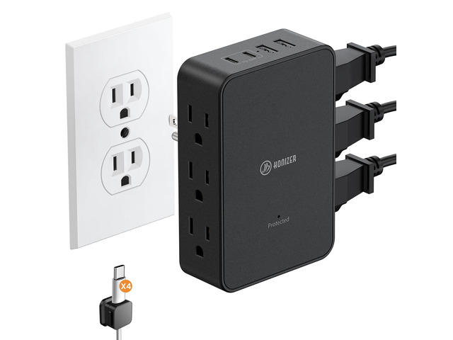 Multi Plug Wall Outlet,6 AC Side Outlets,20W USB C Outlet Extender Wall Plug Side Access for Behind Couches Nightstands Desks TV,3-Sided Flat...