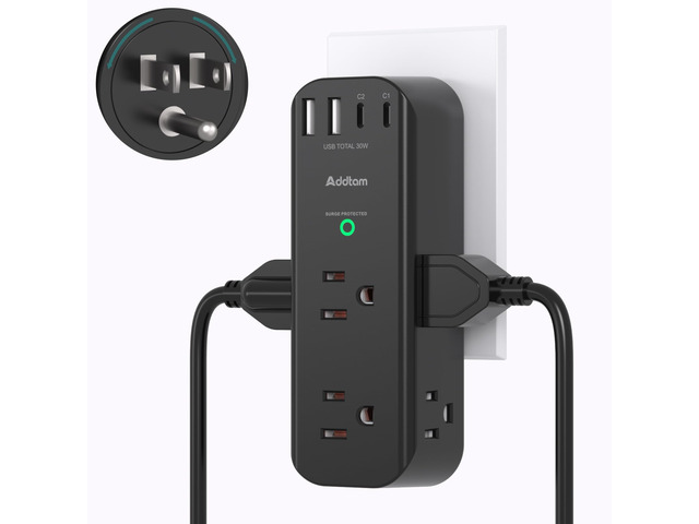 PD 30W Surge Protector Outlet Extender, 6 Outlets 4 USB Rotating Plug, 1800J Wall Mount Power Strip, 3-Side Multi Plug for Dorm, Travel Essentials