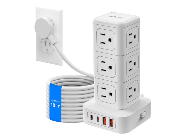 10FT Extension Cord with 12 AC Outlets 4 USB, Surge Protetctor Power Power Strip Tower, Outlet Extender, 20W Fast Charge Desk Accessories for Home...