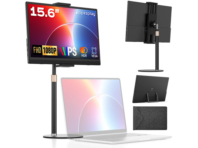 15.6' FHD Portable Monitor with Adjustable Stand & Sleeve FHD IPS Screen Extender, 75x75MM VESA, Dual Speakers, USB-C/HDMI for Laptop, PC, Mac,...