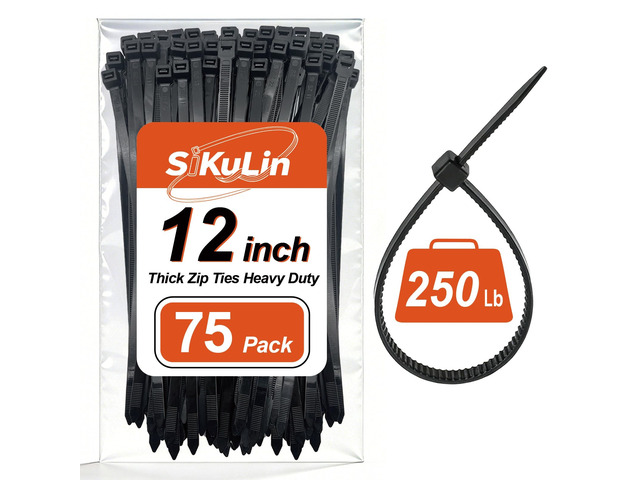 Thick Zip Ties Heavy Duty, 12 inch, Black, 250 lb High Strength, 75 Pack, Heavy Duty Zip Ties for Outdoor Use, Extra Wide & Strong UV Resistant...
