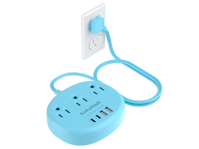 Blue Extension Cord with USB C - 5 FT Flat Extension Cord 1625W Cute Extension Cord with 3 AC Outlet 4 USB (24W/4.8A), Compact for Cute Blue Kawaii...