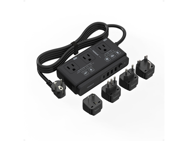 220V to 110V Travel Voltage Converter, Black 4 USB Ports (1 USB C), 3 AC Outlets, EU UK AU IT Universal Adaptor, Step Down Transformer