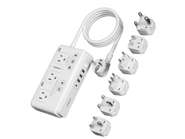 Voltage Converter US to Europe 220 to 110, Universal Travel Adapter 4 FT, 4 USB Ports (1 USB C), 3 AC and EU UK AU IT IN ZA Plug Power Adapter,...