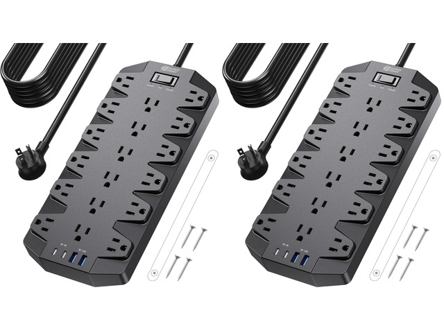 Power Strip Surge Protector,18 Outlets 15FT Flat Plug 1875W/15A (Pack of 2)