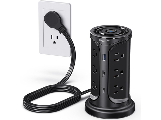 Tower Surge Protector Power Strip with 12 AC Outlets 3 USB Ports(2 Type C) 6.5 FT Thin Flat Extension Cord with Multiple Outlets, Flat Plug Outlet...