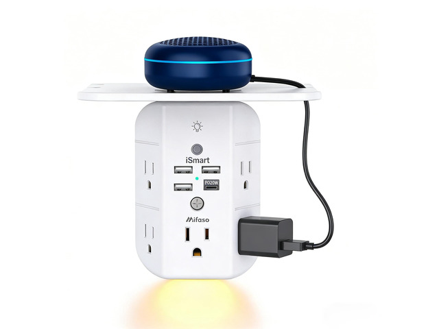 PD20W Outlet Extender with Shelf & Night Light, Surge Protector 5 AC Outlets, 3 USB-A, 1 USB-C, 3-Sided Wide-Space, Multi-Plug Outlet Splitter,...