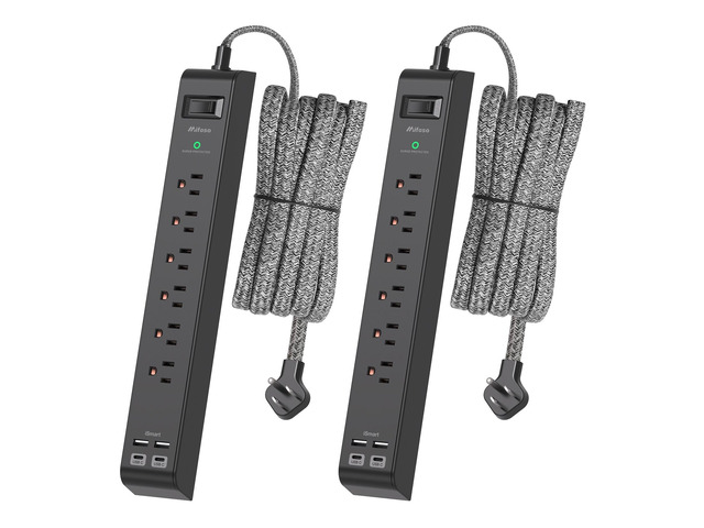 2 Pack 10Ft Extension Cord with Multiple Outlets, Flat Plug Surge Protector Power Strip with 6 Outlets 4 USB Ports, Wall Mount for Home Office,...