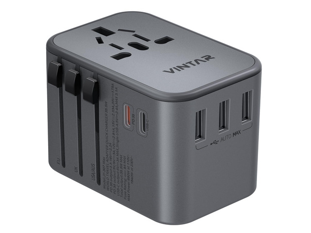 Universal Travel Adapter 35.5W, 6-in-1 with 3 USB-A QC & 2 USB-C PD International power adapter, All-in-One Plug Adapter for EU/UK/US/AU, Type...