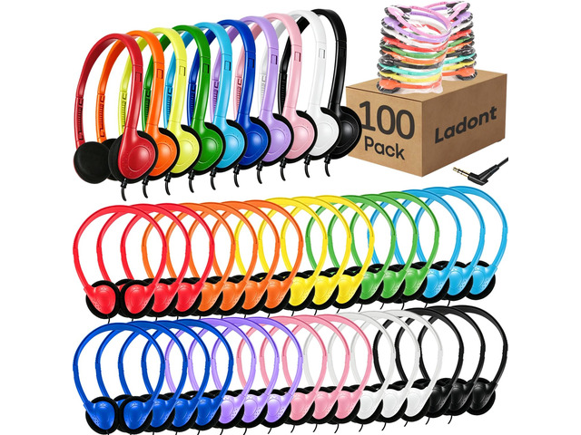 100 Pack Classroom Headphones Bulk for Students Kids Boys Girls Teens, Wholesale Wired Multi Color 3.5mm On Ear Headphones for Chromebook Laptop PC...