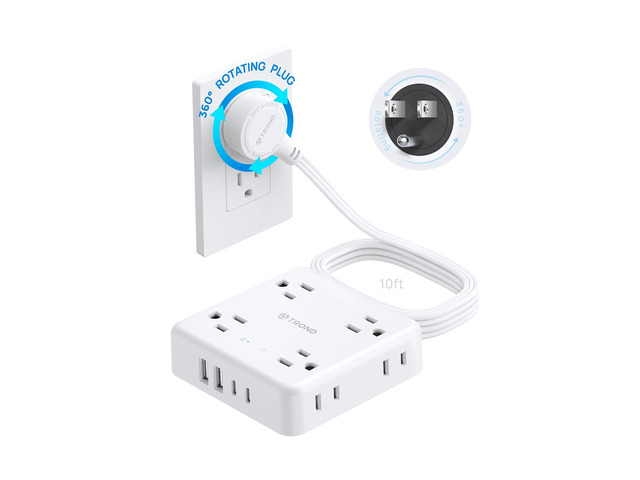 360° Rotating Flat Plug Power Strip 10ft, 8 AC & 4 USB (2U2C), White Flat Extension Cord 1625W, 1440J Surge Protector with USB Ports, Wall...