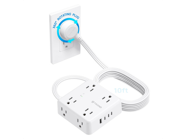 360° Rotating Flat Plug Power Strip 10ft, 8 AC & 4 USB (3C1U), White Flat Extension Cord 1625W, 1700J Surge Protector with USB Ports, Wall...