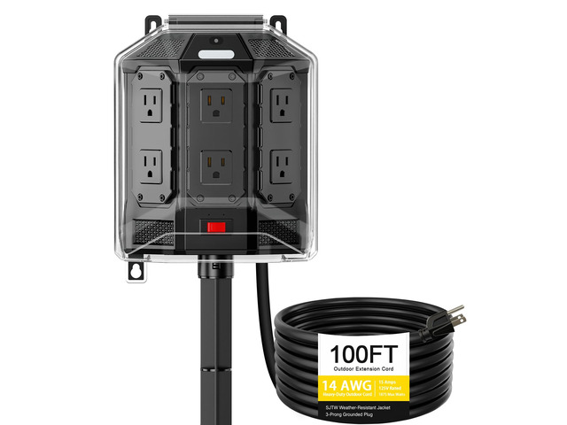 100FT Outdoor Power Stake with 6 Outlets, Weatherproof Cover Outdoor power strip weatherproof hub with 14AWG cord, overload protection, stake mount...
