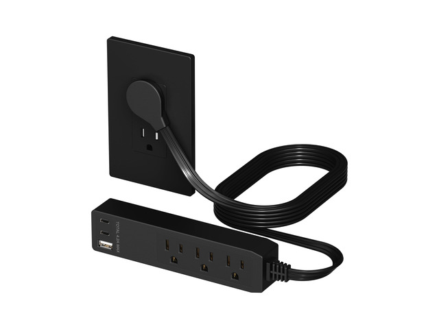 Outlet Extender with 3 Receptacles, USB-A & 2 USB-C Ports, Flat-Plug ETL Listed, 5ft Cord, 1250W, Matte Black, 3-Outlet Power Strip, Slim Angled...