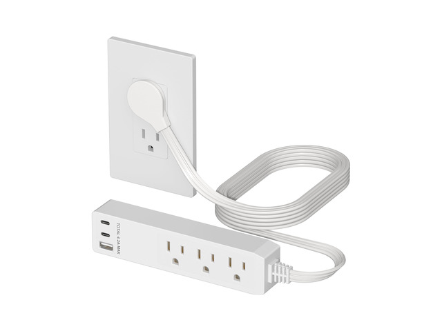 Outlet Extender with 3 Receptacles, USB-A & 2 USB-C Ports, Flat-Plug ETL Listed, 5ft Cord, 1250W, Matte White, 3-Outlet Power Strip, Slim Angled...