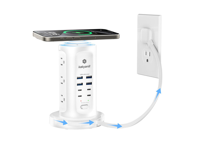 30W USB Charging Station, Power Strip Tower with 9 AC 8 USB 6Ft Flat Plug Retractable Extension Cord, for Home Office Dorm, White