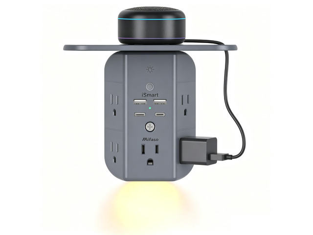 Wall Outlet Extender with Shelf and Night Light, Surge Protector, USB Wall Charger with 5 AC Outlets and 2 USB A Ports 2 USB C Ports Wide Space...
