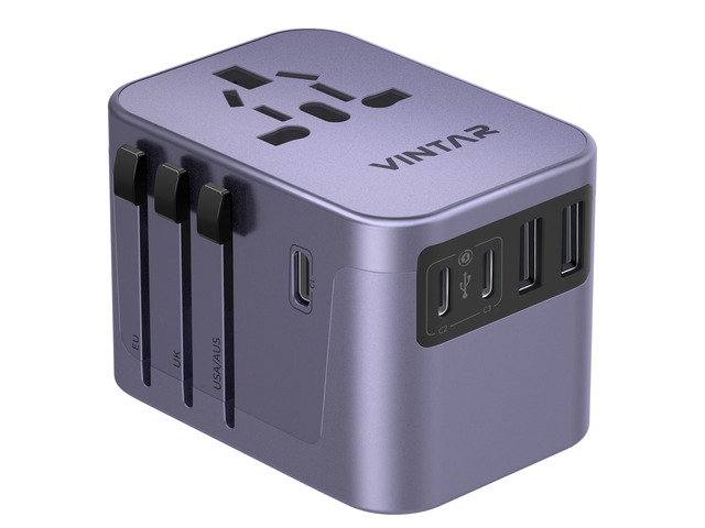 Universal Travel Adapter 30W, 6-in-1 with 3 USB-C & 2 USB-A, Purple International Power Adapter with Compact Design, All-in-One Travel Essentials...