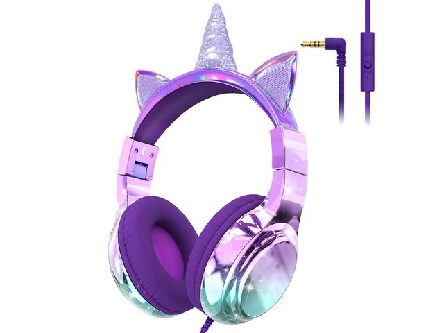 Kids Unicorn Headphones with Cord with Mic, 85/94dB Volume Limit sparkly foldable headset, sharing port, tangle-free cord, Kids Wired Headphones...