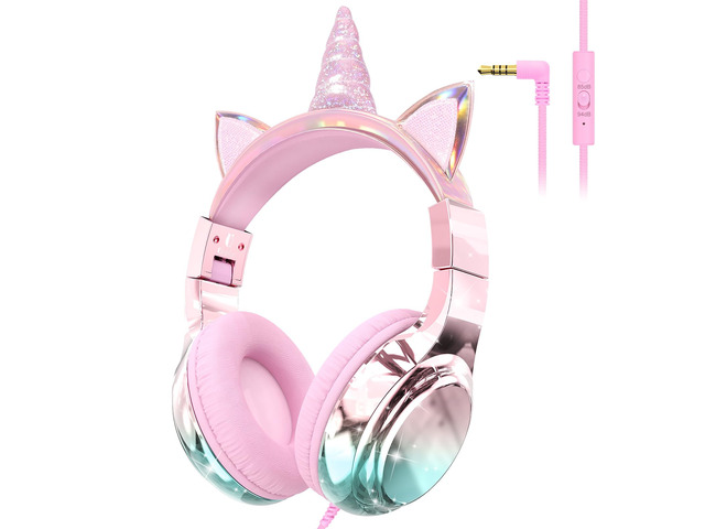Kids Unicorn Headphones with Cord with Mic, 85/94dB Volume Limit sparkly foldable headset, sharing port, tangle-free cord, Kids Wired Headphones...