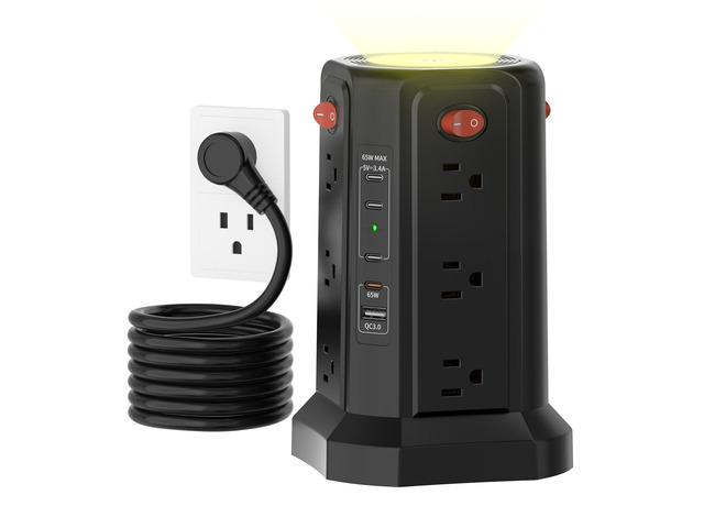 Tower Surge Protector Power Strip with PD 65W USB C Port Desktop Charging Station with 12 Widely Spaced Outlets 4 USB C 1 USB A Night Light,10FT...