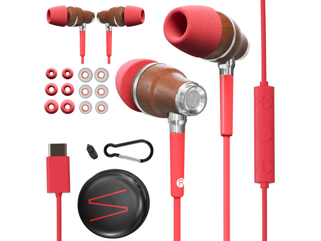 Premium Wooden Wired Earbuds with Microphone (USB C/Type C) Compatible with iPhone 17, 16, 15, Air / iPad Pro, Air, Mini, 10+ / MacBook / Galaxy...