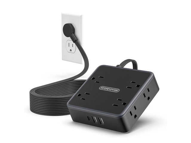 Flat Extension Cord 25 FT in Black with 8 Widely Outlets 3 USB Ports (1 USB C), Long Power Strip, Wall Mountable, Flat Plug Desk Charging Station...