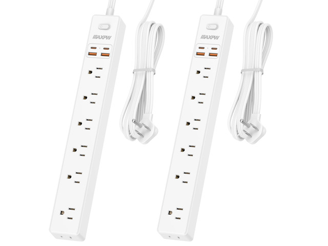 6 Ft Flat Plug Extension Cord Power Strip, 7 AC Outlets 4 USB(2C), 2 Pack Ultra Thin Flat Extension Cord & Flat Plug, 1700 Joules, Wall Mount, Desk...