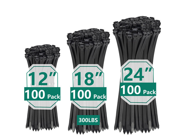 Zip Ties Assorted Sizes 300 Pack,12+14+18 Inch, 300LBS Tensile Strength Heavy Duty Self-locking Nylon Black Cable ties for Indoor Outdoor