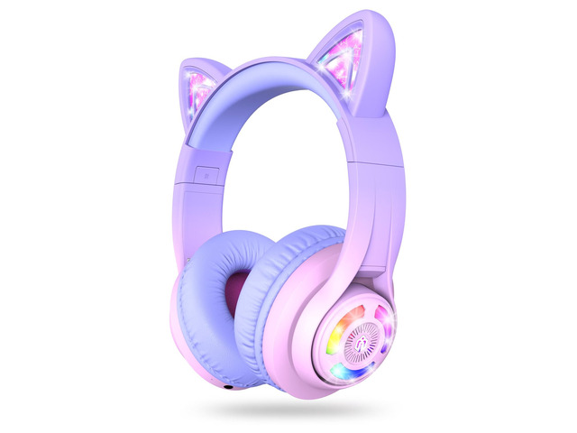 BTH13 Kids Bluetooth Headphones for Girls, LED Cat Ear Travel Gift SafeSound Tech, 50H Playtime, USB C Charging, AUX Cable, Stereo Sound, Kids...