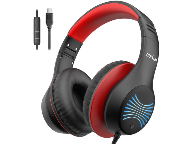 K3 Kids Headphones, USB Type C Over Ear Headphones with Microphones Built-in Mic, 85/94dB Volume Limit, HD Stereo Sound, LED Light, Foldable Wired...
