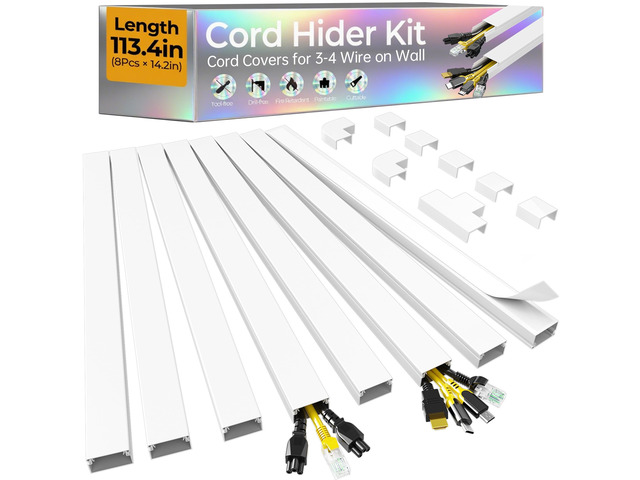 113.4in Cord Hider Kit, Cord Covers for 3-4 Wires on Wall, Self-Adhesive Tv Cable Hider, Paintable Wire Hider Wire Covers for Cords on Wall, Cable...