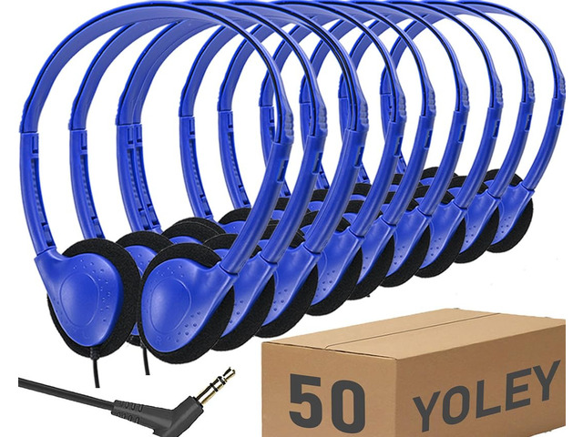 Classroom Headphones Bulk 50 Pack Class Set for School Students Kids and Adult -Sturdy Wired 3.5mm Plug (Blue, 50 Pack)