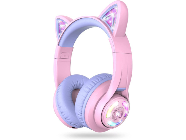 BTH13 Kids Bluetooth Headphones for Girls, LED Cat Ear Travel Gift SafeSound Tech, 50H Playtime, USB C Charging, AUX Cable, Stereo Sound, Kids...