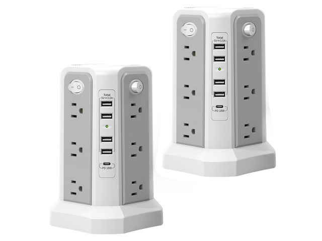 2PS Surge Protector Power Strip Tower 10FT4A1C with PD18W USB C Port Extension Cord with Mutiple Outlets 5 USB Charging Ports, Power Tower for Home...