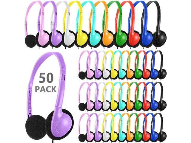 50 Pack Bulk Classroom Headphones for Kids Students School, Multi Color Wired Headphones with 3.5mm Jack for Children Chromebook Laptop PC...