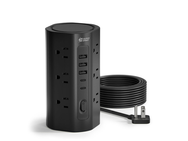20Ft Tower Power Strip, Long Extension Cord, Flat Plug, 1700J, 12 AC 5 USB 3 USB A 2 USB C, Surge Protector Power Tower, Desk Charging Station...
