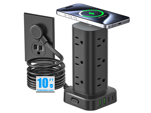 Tower Power Strip with 15W Wireless Charger, 10FT Flat Plug Extension Cord with Multiple Outlets, 12 AC Outlets, 4 USB Ports (2 USB C) Charging...