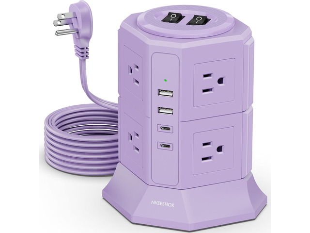Flat Plug Power Strip Tower with 8 Outlets 4 USB Ports (2 Type C) Surge Protector Power Strip with 6.5 FT Extension Cord, Flat Plug Outlet Extender...