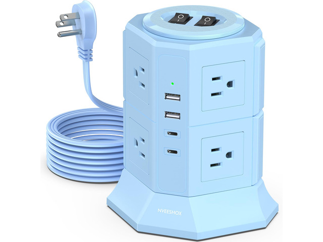 Surge Protector Power Strip Tower with 8 AC Outlets 4 USB Ports(2 Type C) 6.5 FT Ultra Flat Extension Cord with Multiple Outlets, Charging Station...