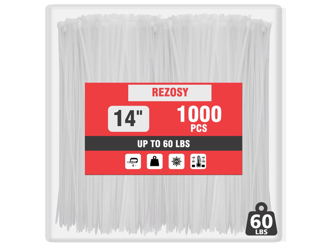 White Clear Zip Ties 14 Inch (1000 Pack) - 60 lb Heavy Duty UV Resistant Self-Locking Nylon Cable Ties